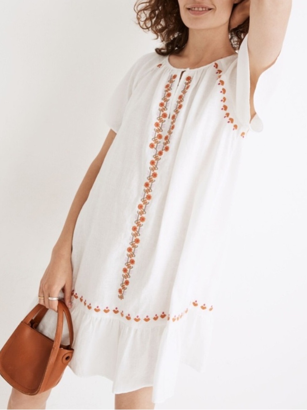 Madewell Floral White Shift Dress with Rust Orange Embroidery